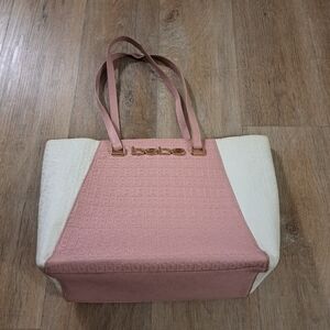 Bebe Logo Blush Pink White Tote Hand Shoulder Bag Purse Zipper